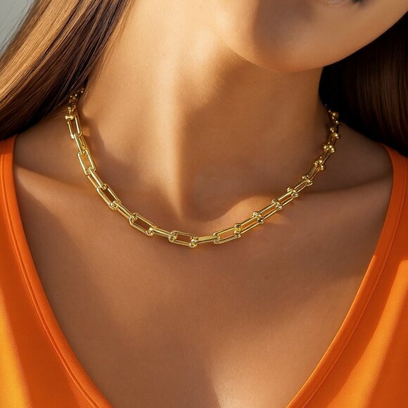 18K Gold Plated Stainless Steel Paperclip Chain Necklace - Modern & Chic ✨ - Picture 1 of 10